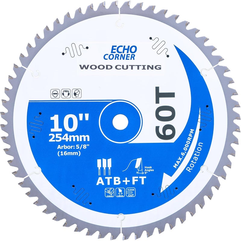 Echo Corner 10-Inch Fine Finish Miter/Table Saw Blade, Combination ATB+Flat 60-Tooth, for Wood, Plywood, Plastic, Veneer, Lumber, Laminate, 5/8" Arbor (Miter/Table 60T-Finishing) - Image 1
